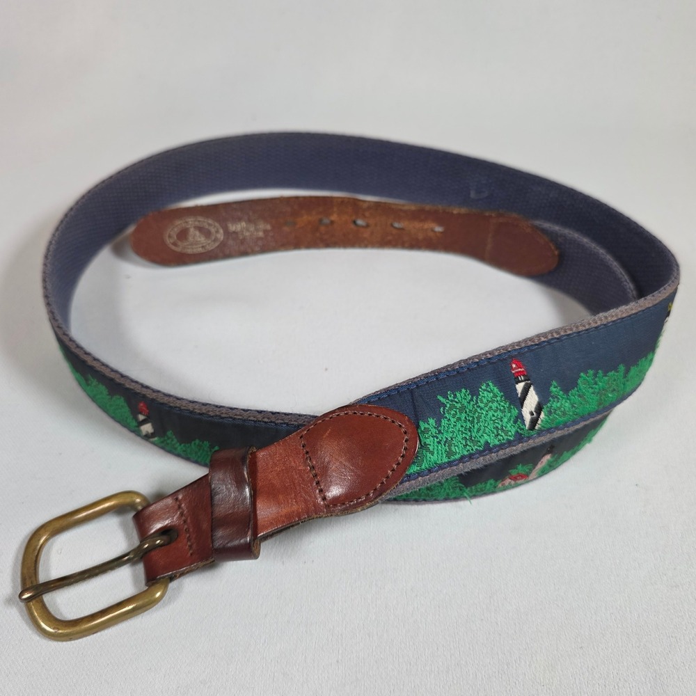 LEATHER MAN LTD Mens 40 Navy Lighthouse Belt Brass Buckle Nautical Preppy USA